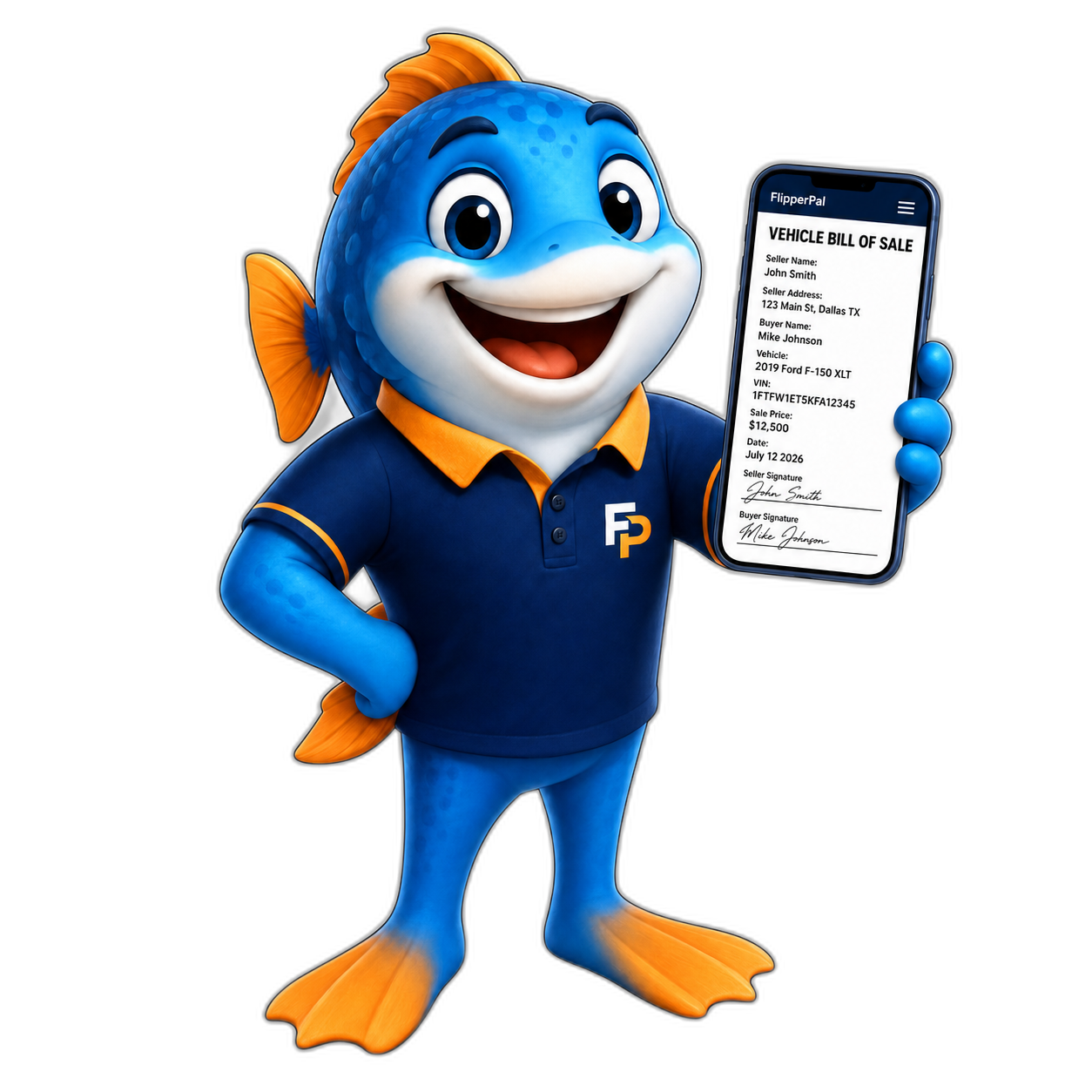 FlipperPal mascot holding a phone showing a completed vehicle bill of sale